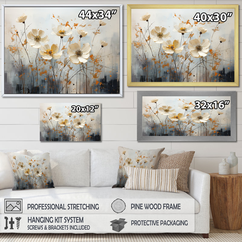Minimalisme, fleurs sauvages beiges, prairies mélodiques I sur toile, Cadre doré simple, H 16 po x l 32 po x P 1 po