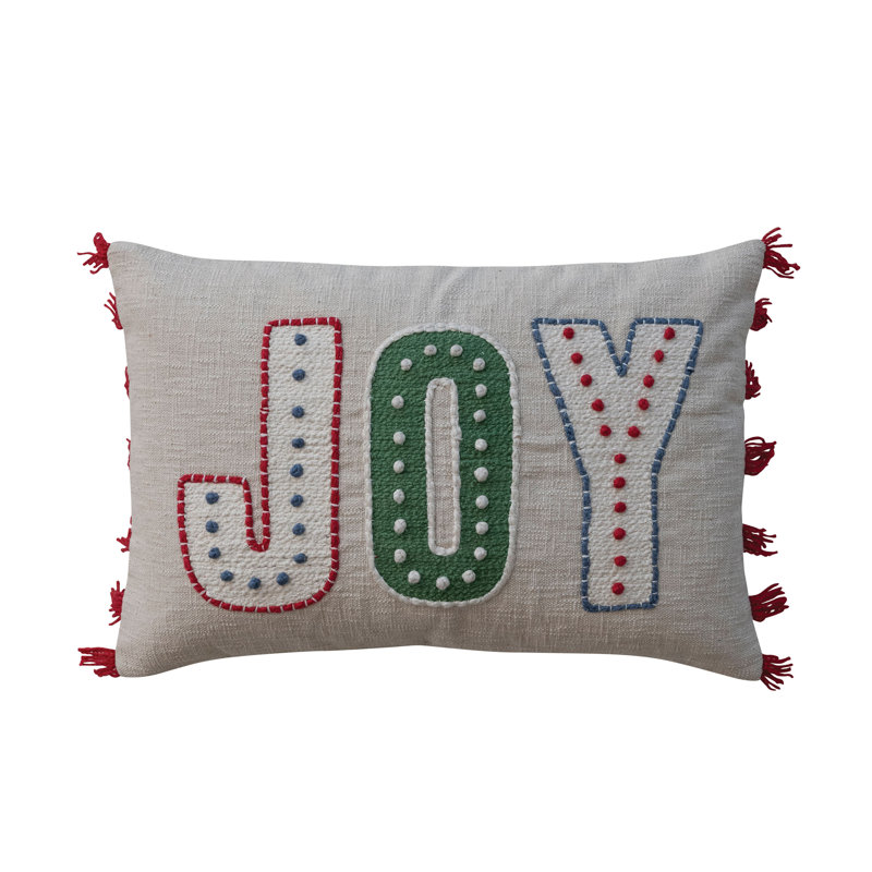Embroidered Cotton Lumbar Pillow with Multicolor Fringe
