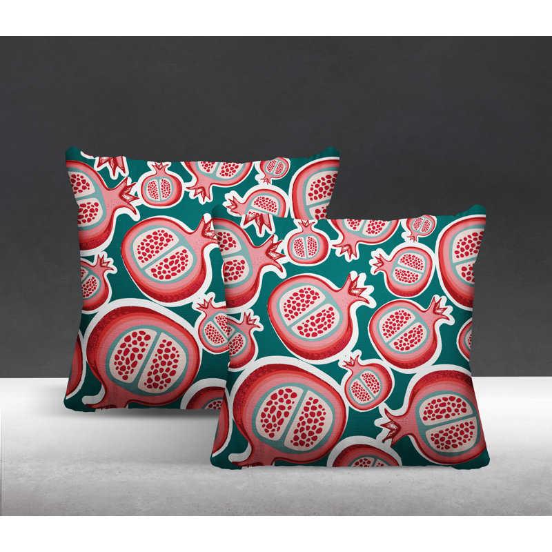 Oreiller carré intérieur / extérieur Pomme Pomegranate, L 15 po x H 15 po, Émeraude / Rouge