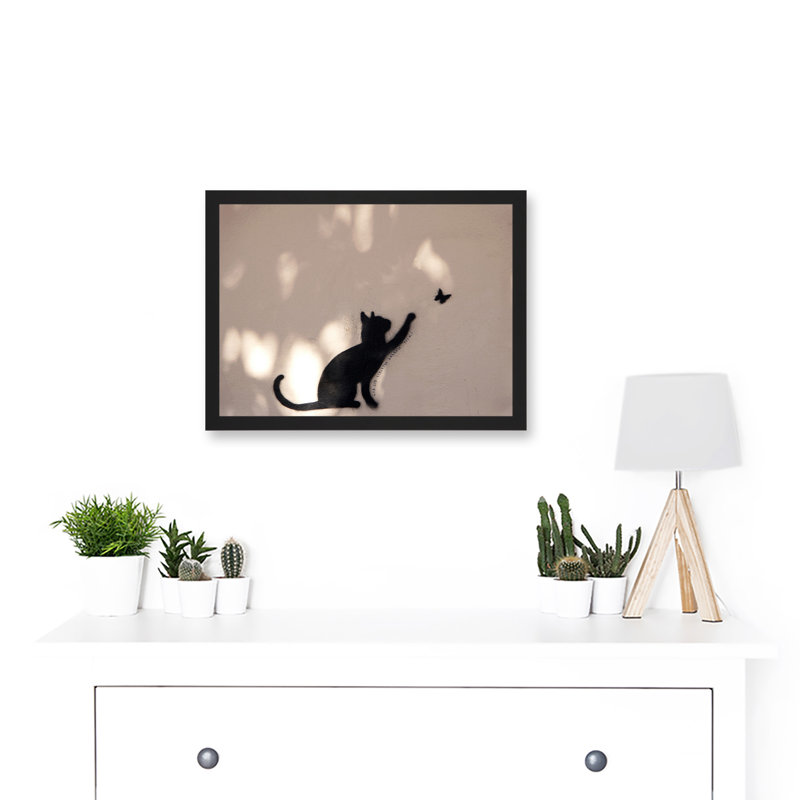 Cat Butterfly Silhouette Graffiti Art - Single Picture Frame Print