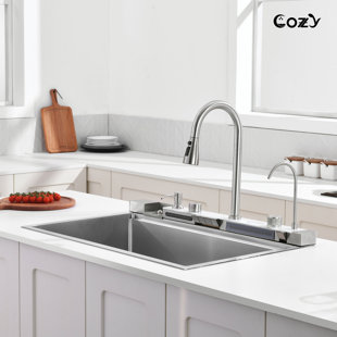 33" Drop-in Single Bowl Stainless Steel Kitchen Sink with Digital Display Workstation Sink - Pull-Down Sprayer, Pressurized Cup Washer