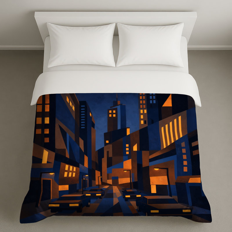 Housses de couette Urban Cityscape Illustration, Grand lit, Dark Navy Blue and Bright Amber