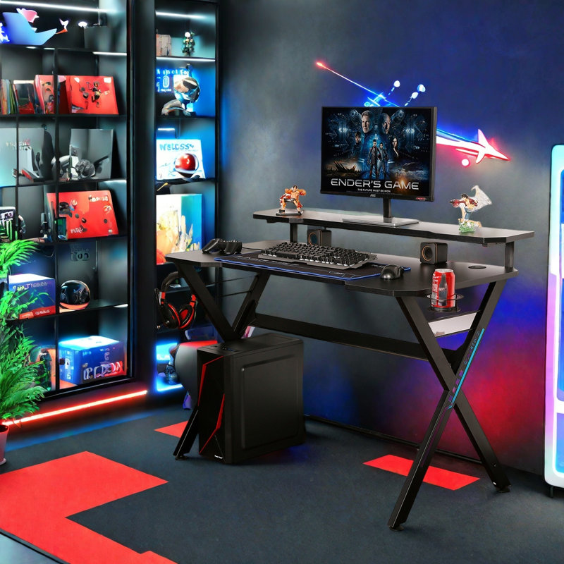 Bureau de jeu de qualité supérieure avec rehausse - conception robuste et rangement supplémentaire, Noir