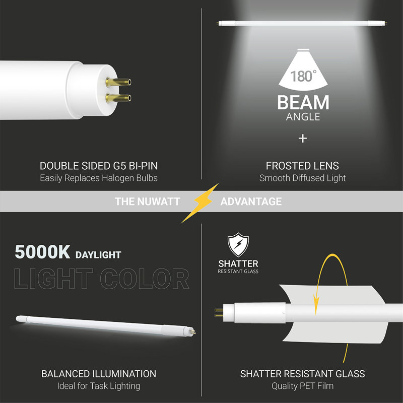 Ensemble de 30 ampoules NUWATT, tube de 4 lumières DEL T5 de type A + B, ampoules hybrides T5 à DEL de 5 000 K, luminosité élevée de 3 200 L 24 W, dérivation prêt à l'emploi ou de ballast, alimentation à double extrémité, remplacement T5 pour f