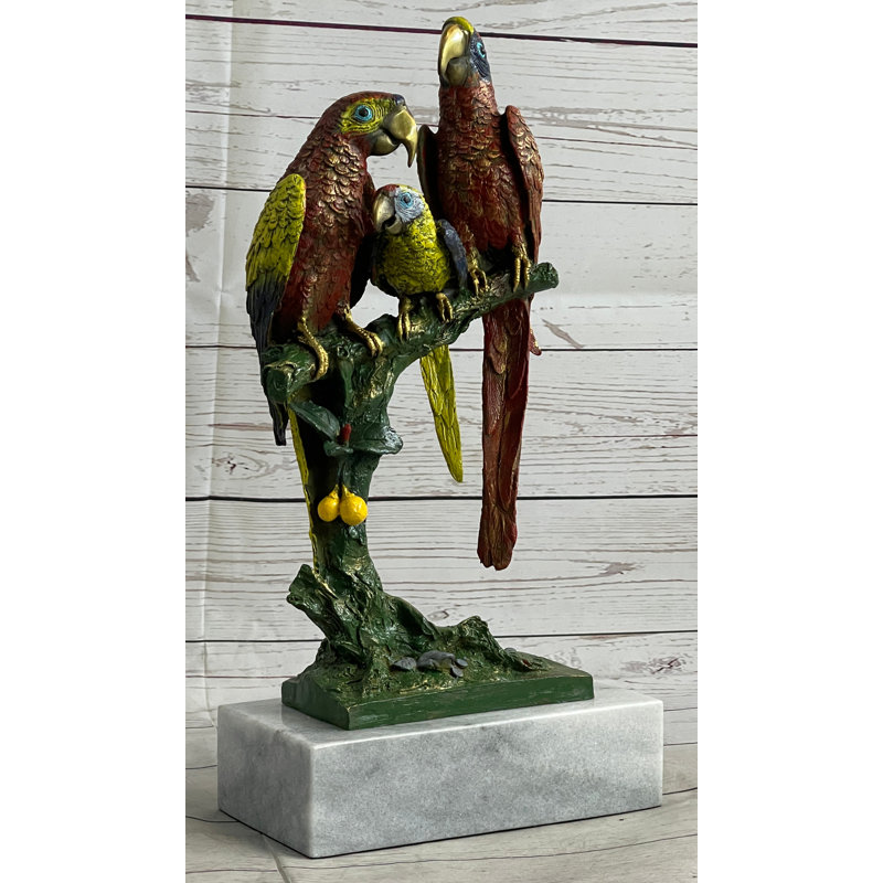 Handcrafted Brazilian Macaw Family Bronze Sculpture on White Marble Base