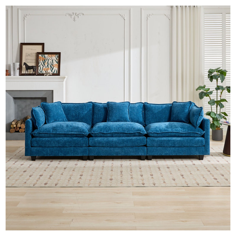 Canapé modulaire 3 places Cloud en chenille bleue, design américain moderne avec dossier rembourré pour le salon, Bleu