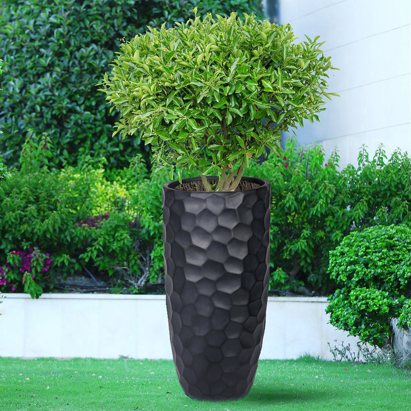 Concrete Effect Tall Planter, Large Frostproof Outdoor Plant Pot, Tall Garden Planter with Drainage Holes, Black Vase Round Plant Pot with Mosaic Pattern