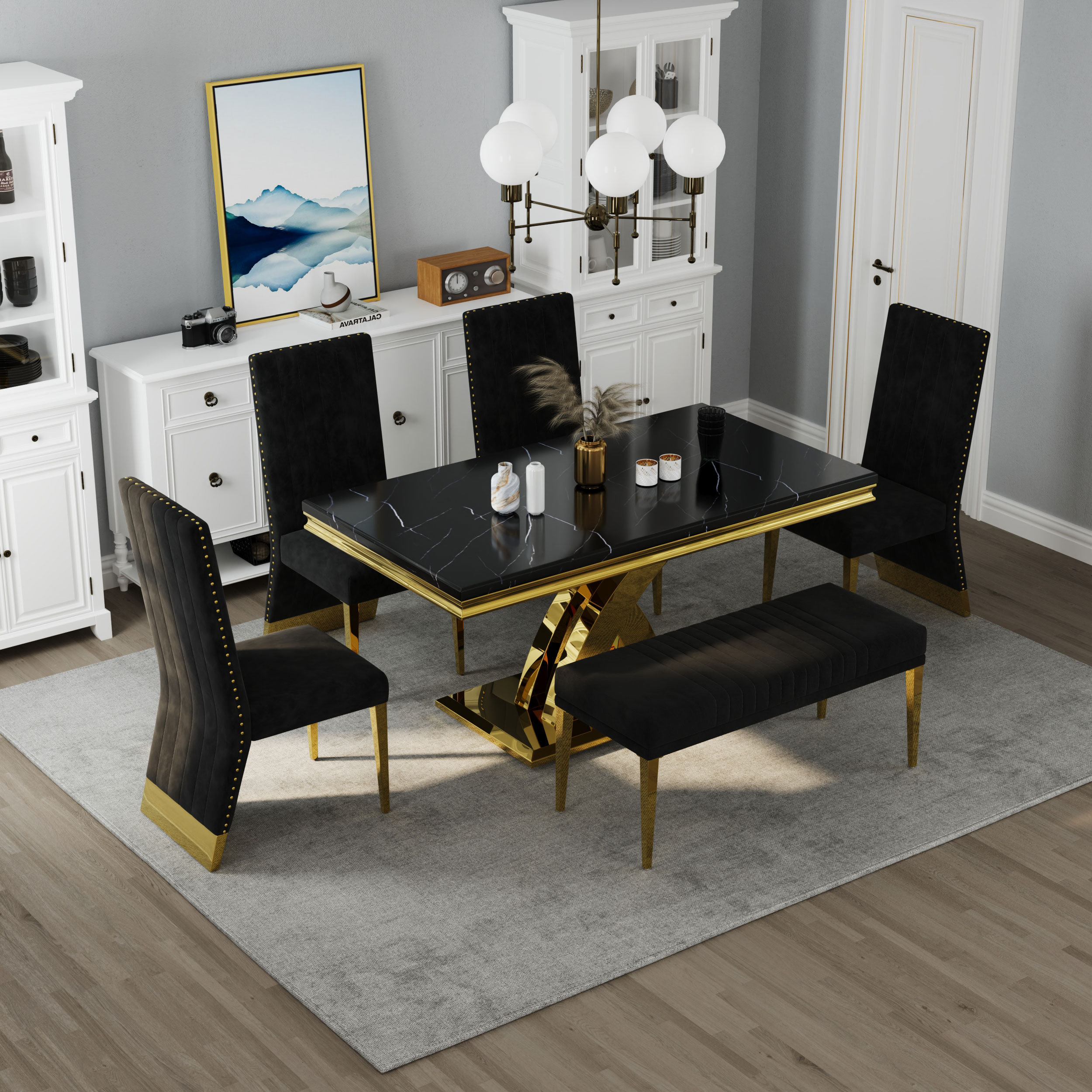 Everly Quinn 6 Piece Black Faux Marble And Gold Dining Table Set With 4 ...