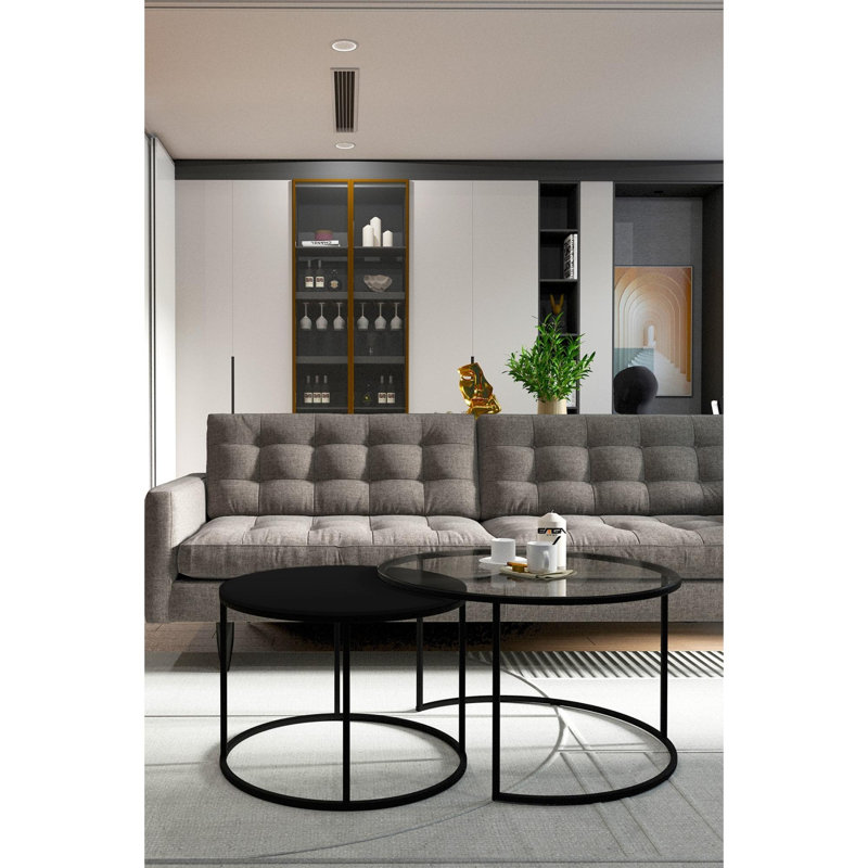 Table basse élégante avec plateau en verre trempé et structure en métal, 28,3 po x 17,7 po x 28,3 po | 100% panneau de fibres à densité moyenne, épaisseur de 0,5 po | Design élégant noir et transparent | Parfait pour le salon, décor moderne et chic