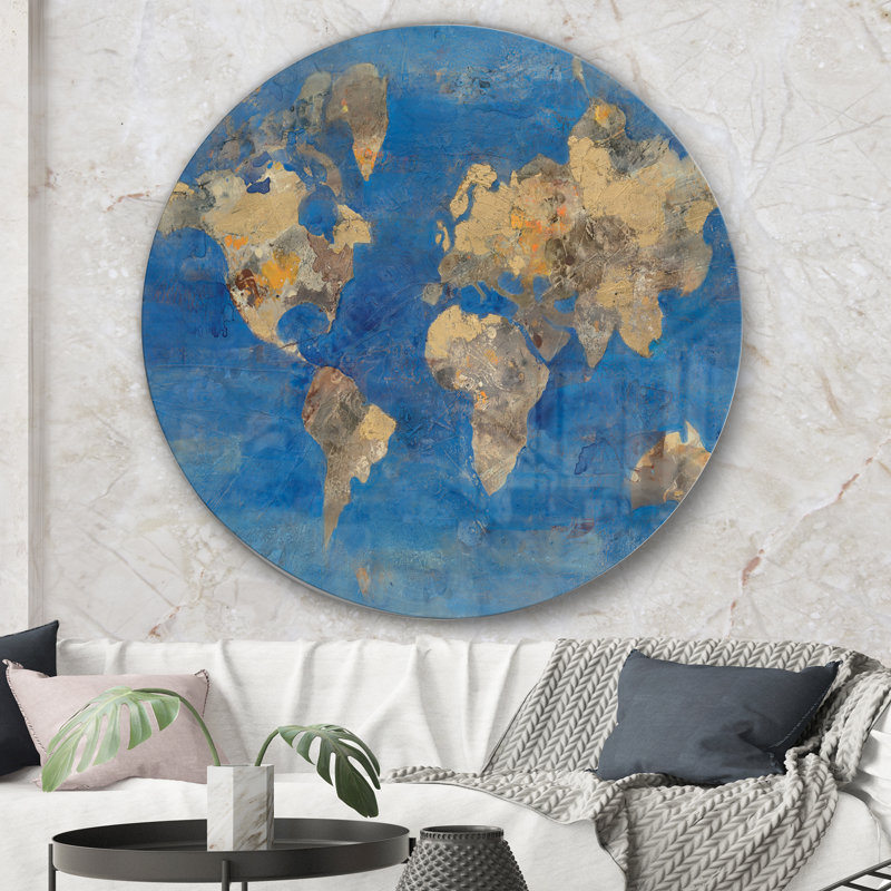 Bleu doré, carte du monde - peinture, cercle métallique, H 23 po x l 23 po x P 1 po