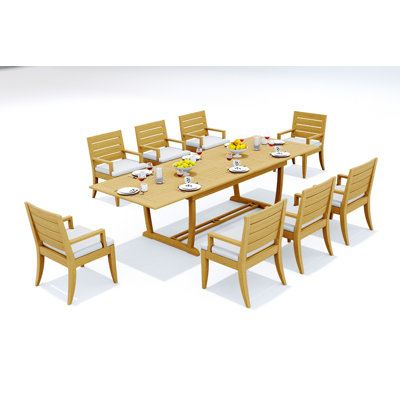 Ensemble de salle à manger de 9 pièces en bois de teck de qualité A: table à pieds à tréteaux à double extension de 94 po et fauteuils Carleton # 11AT2108