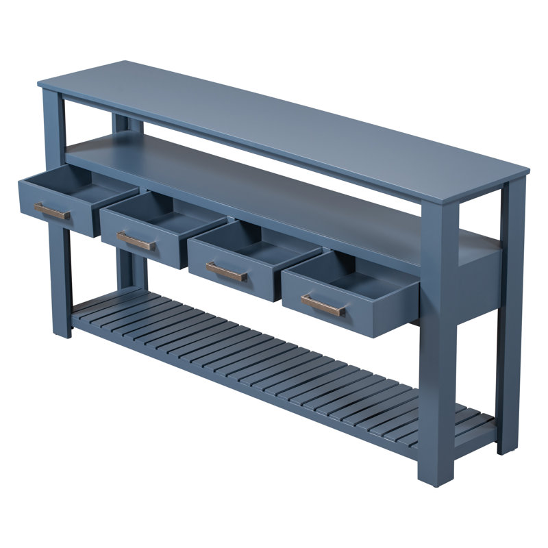 Grande console d'entrée avec 4 tiroirs et 3 tablettes ouvertes, Marine