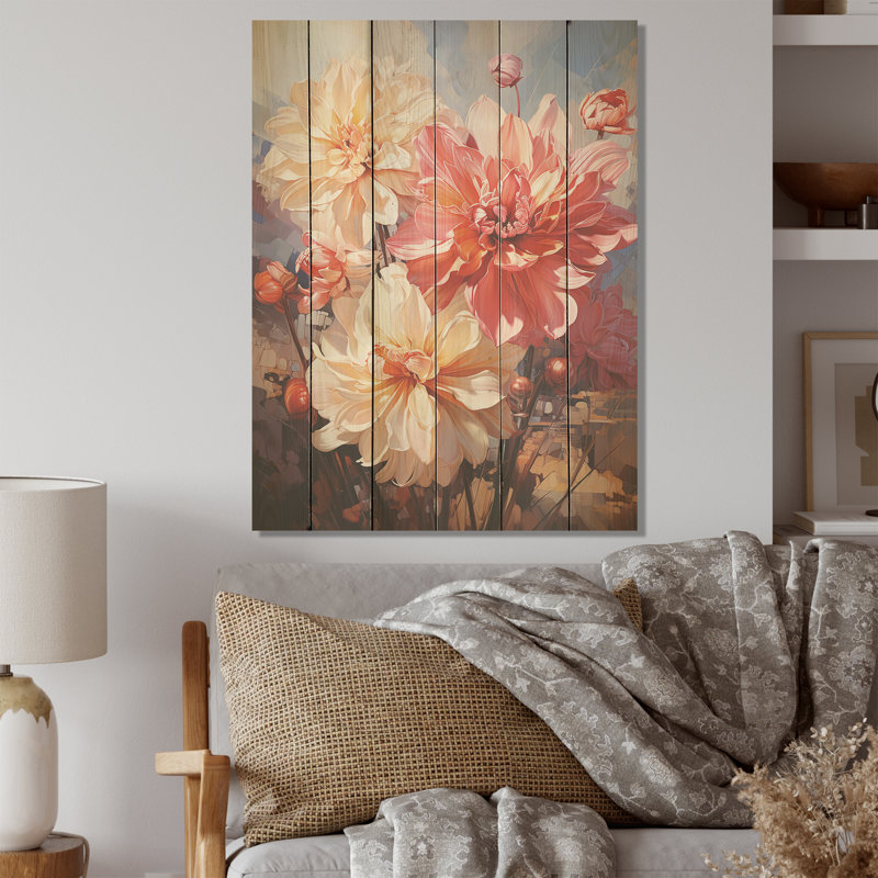 Bouquet de jonquilles roses et blanches - Jonquilles, art mural sur bois de pin naturel, H 20 po x l 10 po