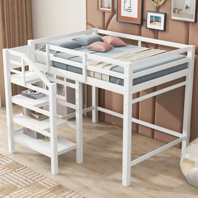 Lit mezzanine double avec escalier de rangement intégré et cintre pour les vêtements