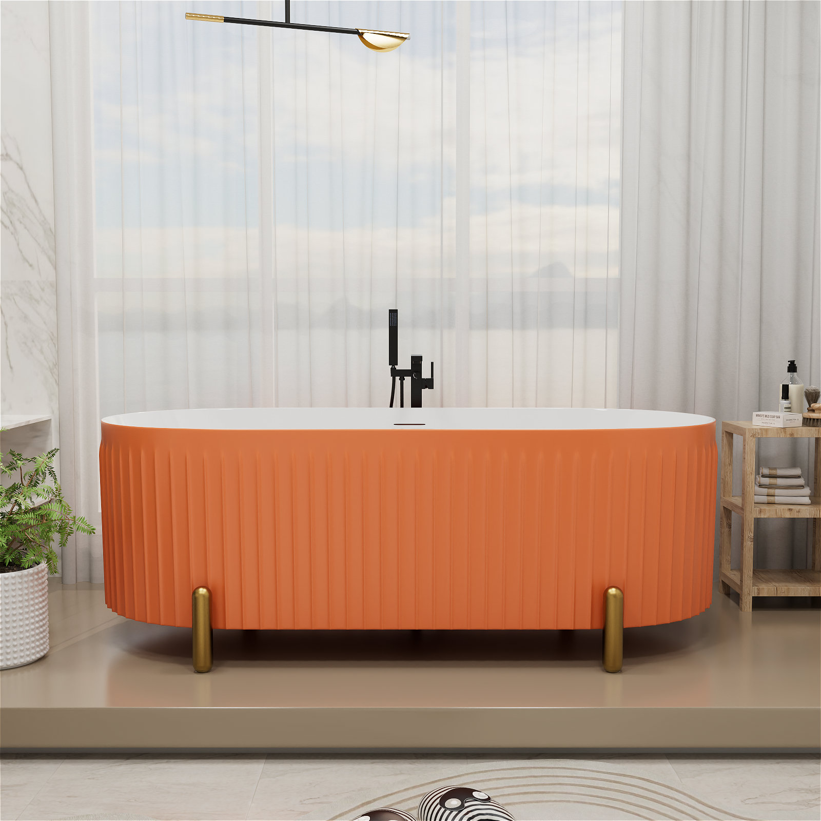Colour 67" Fluted Freestanding Soaking Bathtub, Orange