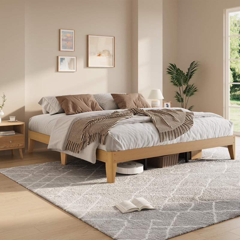 Base de lit plateforme en bois, pieds en bois et support central en métal robuste, lattes en bois, aucun sommier requis