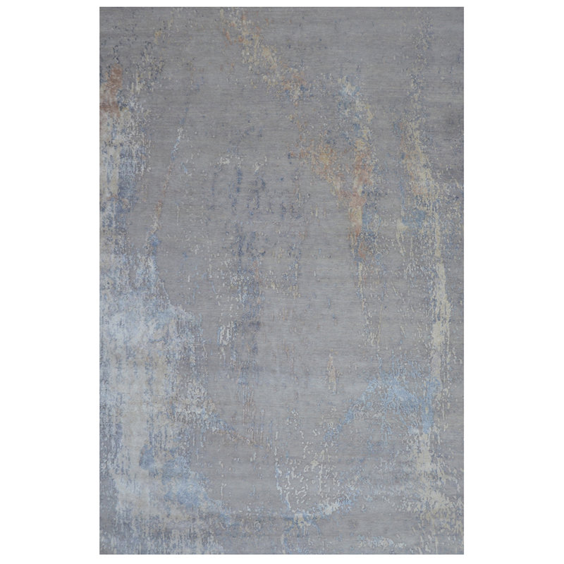 Tapis gris / bleu clair noué à la main, Rectangle 10 pi x 14 pi