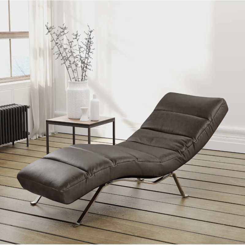 Texas Chaise Lounge in Aniline-Leather with Adjustable Backrest, Dark Brown, Silver