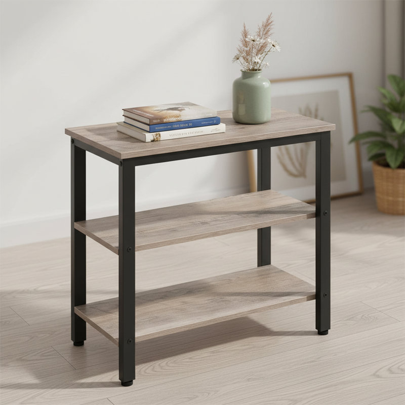 Table d'appoint simple rustique avec tablette de rangement à 3 niveaux pour petits espaces, Grège