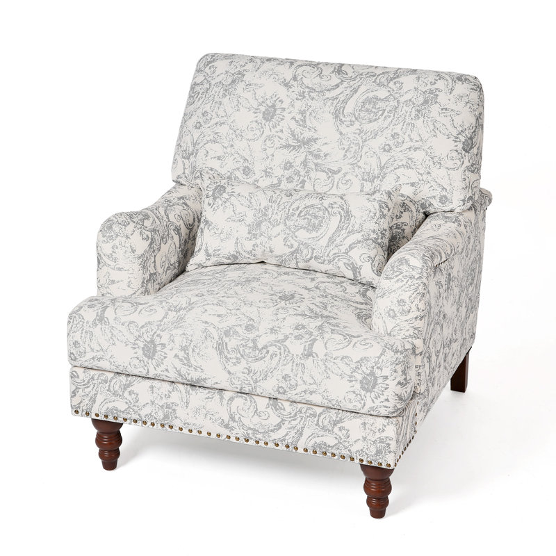 Chaise d'appoint rembourrée à garniture cloutée gris clair avec coussin décoratif et pieds en bois massif Rococo