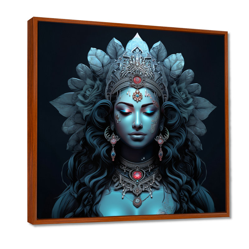 Bleu Shiva Compassion - Hindouisme, art mural, Toile avec cadre flottant brun, H 36 po x l 36 po x P 1,5 po