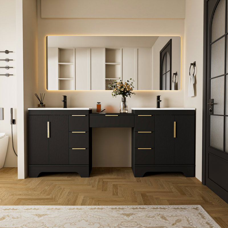 Ensemble de meuble-lavabo autoportant à double cuve 84 po avec comptoir Skeen, comptoir à maquillage 24 po avec tiroir, étagère d'armoire de salle de bain avec tiroirs et portes