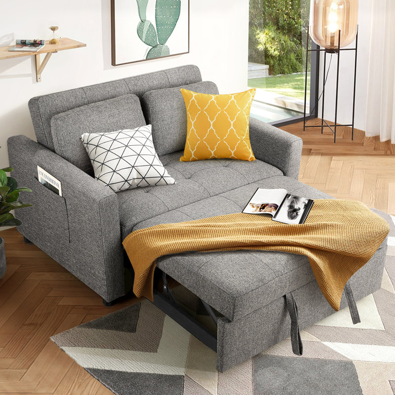 Vadims Upholstered 48.5'' Reclining Sleeper Sofa, Dark Gray Linen