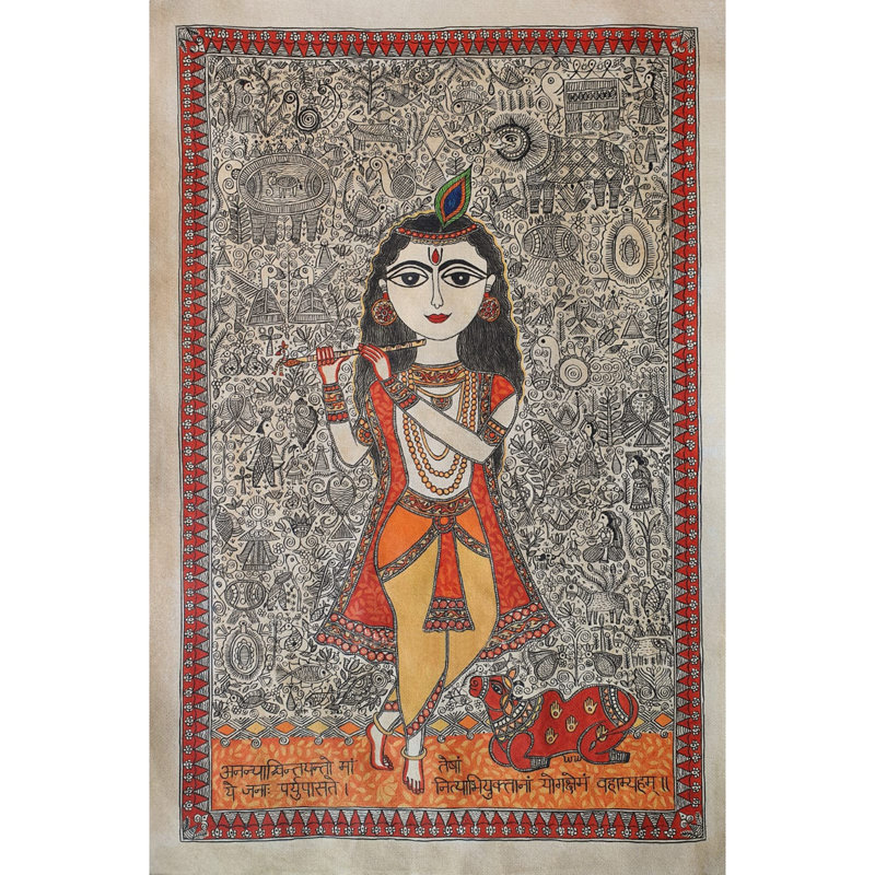Divin Krishna avec vache | Acrylique sur papier fait à la main | Par Shruti Subramani