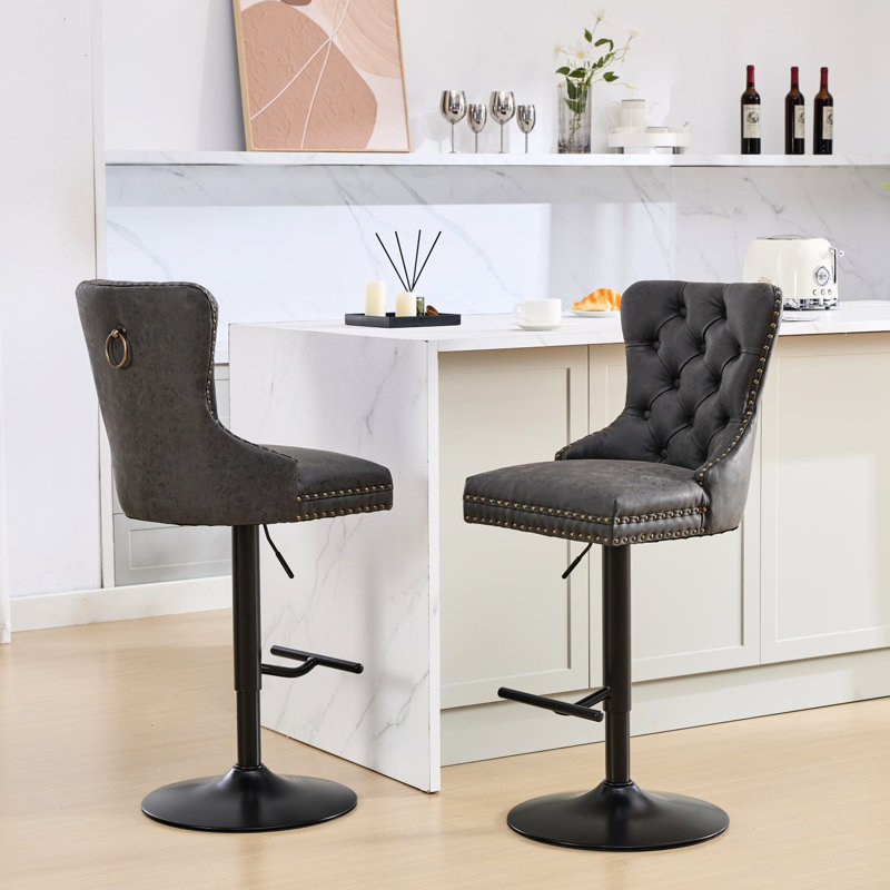 Tabourets de bar modernes en cuir PU avec siège réglable, dossier noir confortable, 2 sièges pivotants, Noir