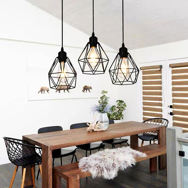  Lampe suspendue 3 lumières industrielle rétro avec design géométrique E27 avec abat-jour cage en fer noir