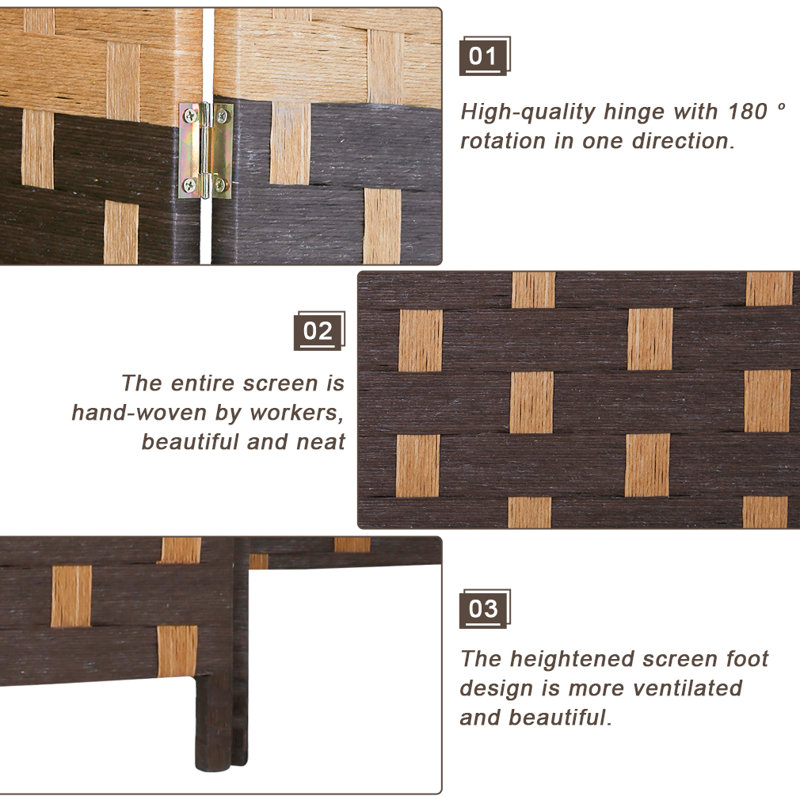 Modern 4-Panel Brown and Black Woven Wood Folding Room Divider