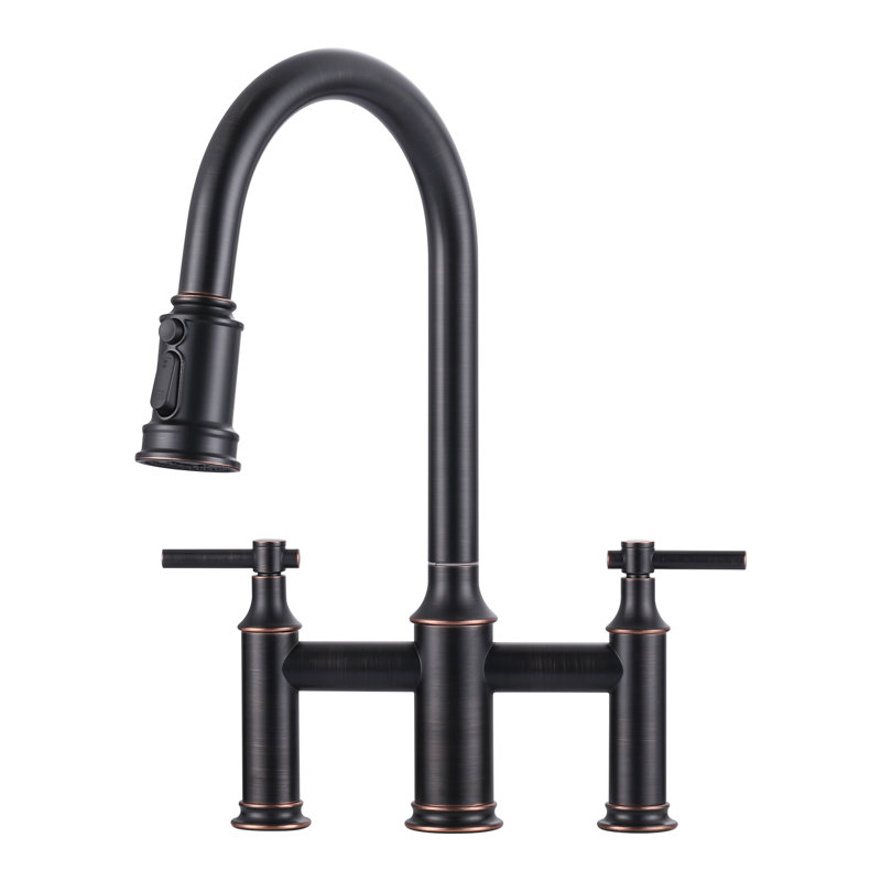 3 Holes 8 Inch Centerset Bridge Kitchen Faucet With Pull Down Sprayer, Oil Rubbed Bronze