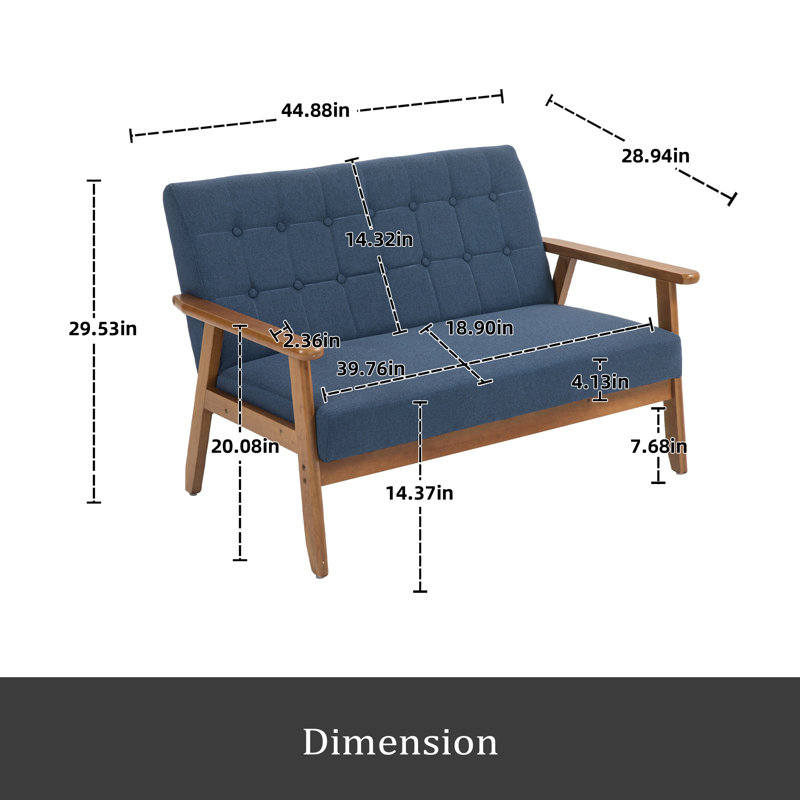 Mid-Century Modern Solid Loveseat Sofa, Blue Linen