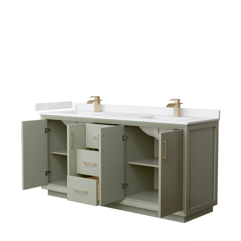 Ensemble de meuble-lavabo double 72 po Strada, Marbre de culture de Carrare, Vert clair, Bronze satiné