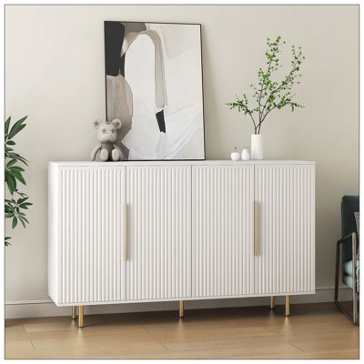 White Modern Buffet Cabinet With Storage, Fluted Sideboard Large Buffet With Adjustable Shelves, Credenza, Accent Cabinet Console Table