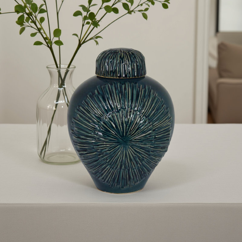 Vase décoratif avec couvercle, céramique riche texturée bleu foncé, 13 pouces