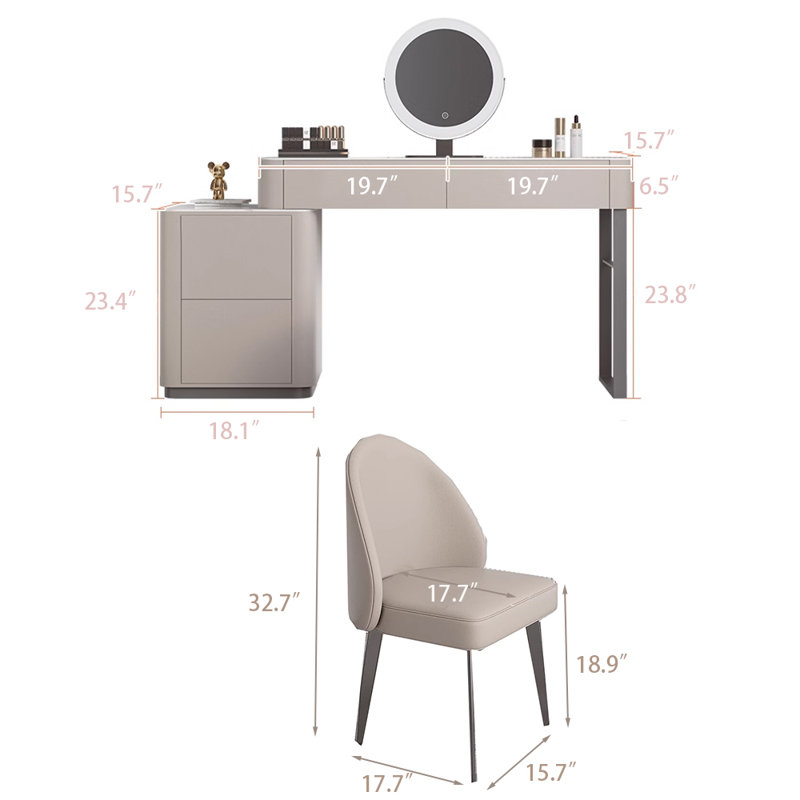 Edorta 55.12'' W Solid Wood Makeup Vanity Set with Lighted Mirror and Chair Stool Faux Leather Vanity Set