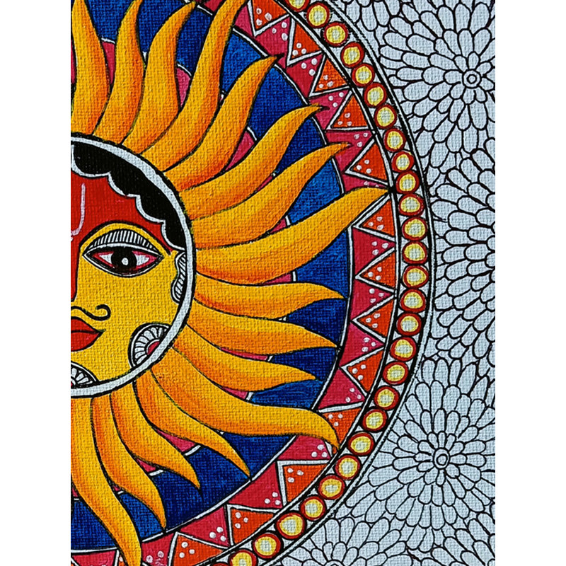 Peinture du soleil avec des rayons dans le style Madhubani | Acrylique sur toile | Par Rina Patwa