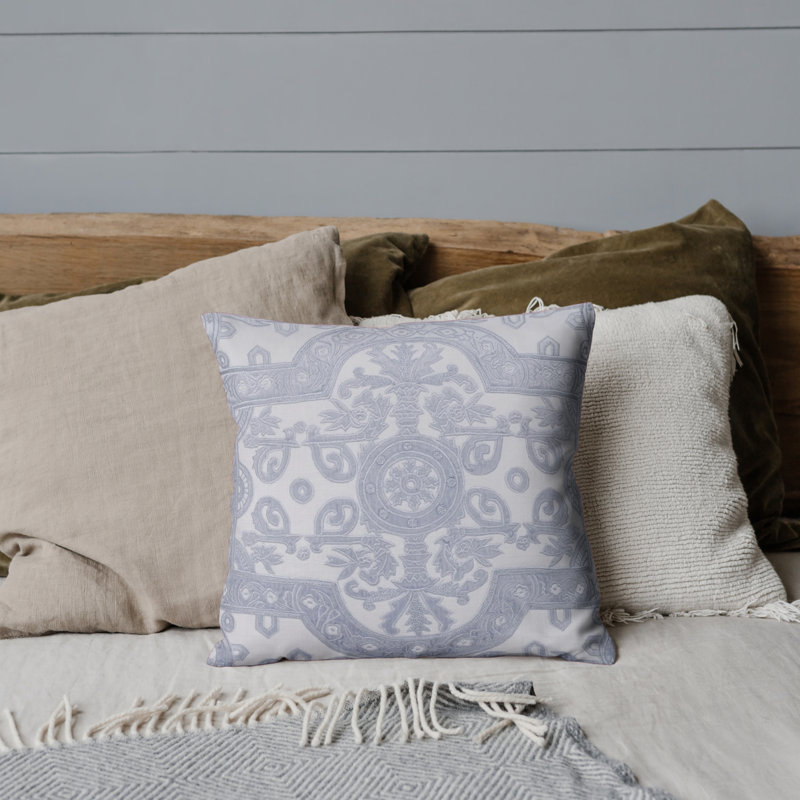White Linen Square Pillow with Velvet Applique Embroidery