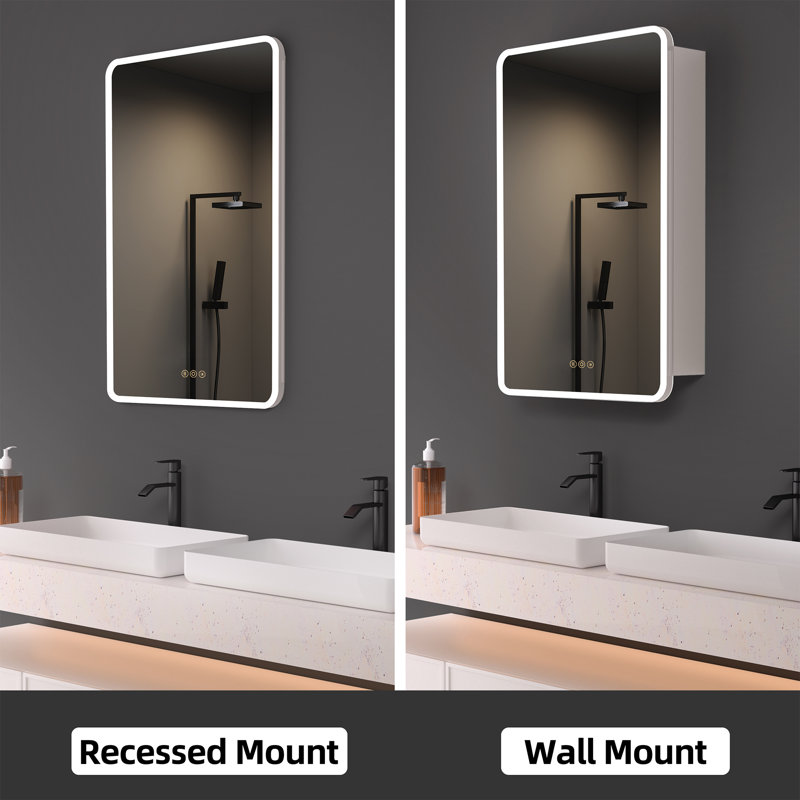 Cynethia Surface/Recessed Mount Medicine Cabinet with Mirror and 3 Adjustable Shelves, Rounded Edge, LED Lighting, Fog-free