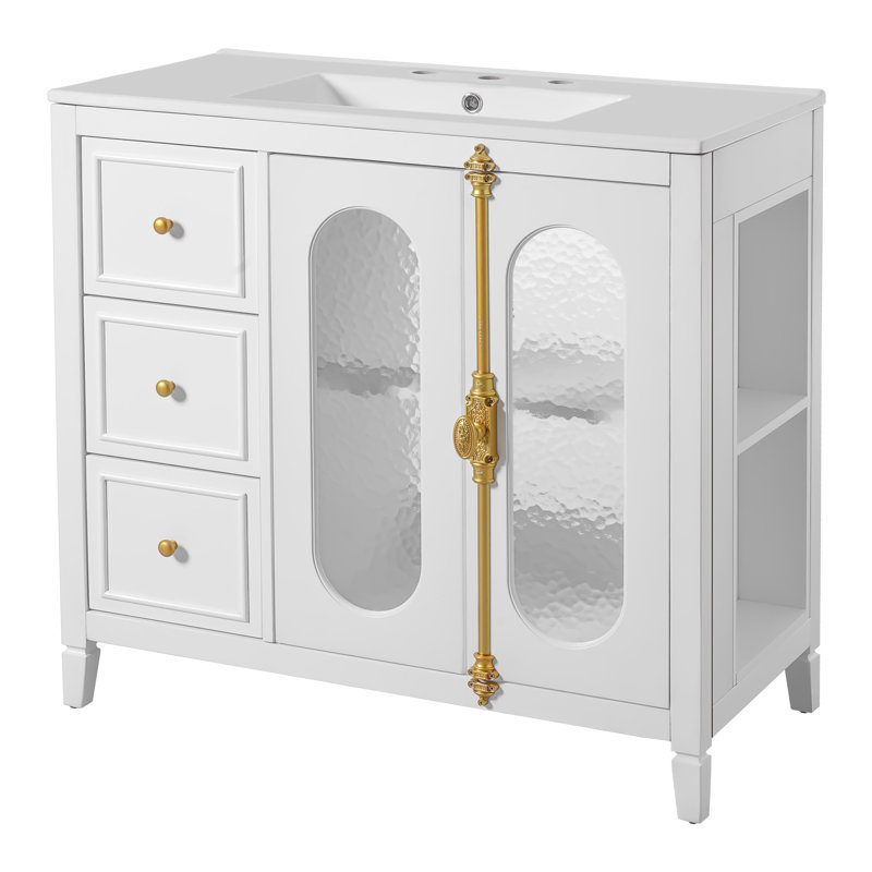 Meuble-lavabo de 36 po avec 2 portes à fermeture douce, 3 tiroirs, structure en bois massif, verre translucide, couleur blanche, lavabo en céramique lisse, apparence élégante facile à nettoyer