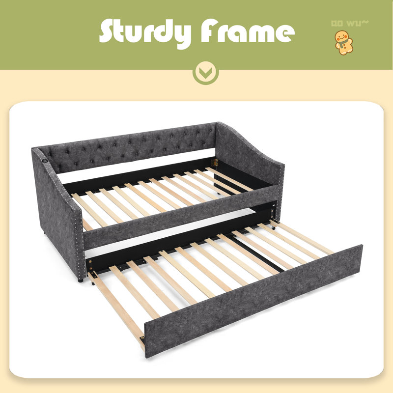 Twin Size Daybed With USB Charging & Pull-Out Extendable Bed, With Button On Back And Copper Nail On Waved Shape Arms, Gray