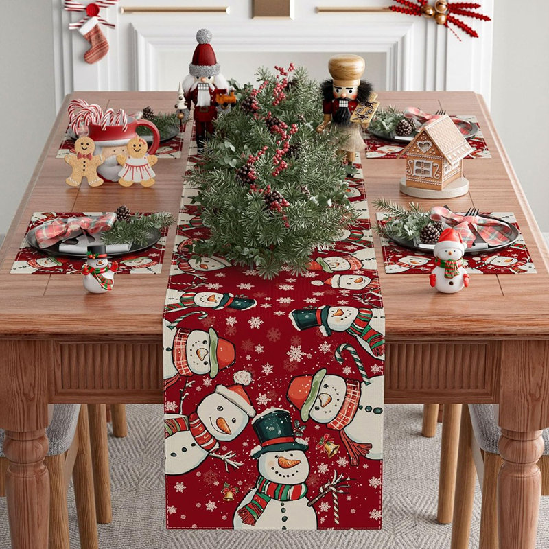 Rouge hiver flocons de neige bonhomme de neige de Noël chemin de table décoration de table pour la fête à la maison cuisine salle à manger décor de vacances 13 x 72 pouces