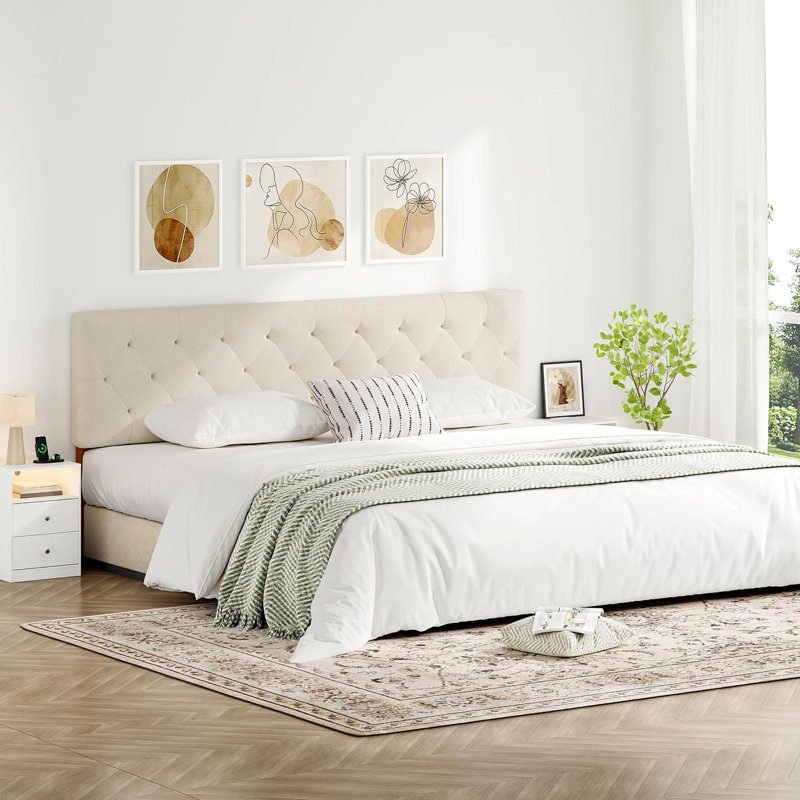 Adjustable Height Upholstered Headboard,Foldable King Beige, King, Beige