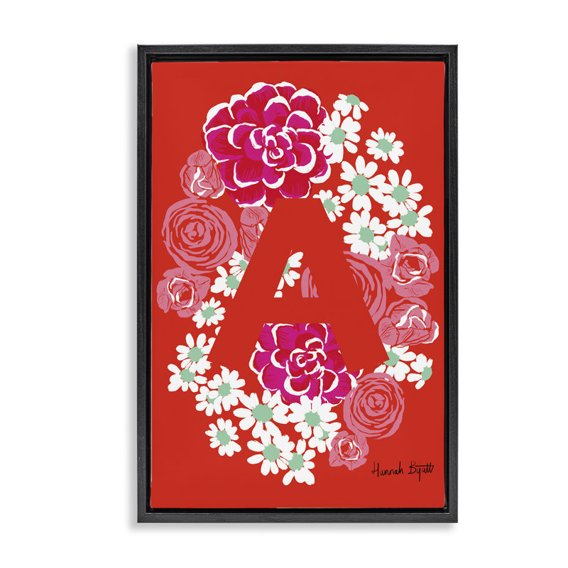 «Floral Bloom», lettre A encadrée, toile flottante par Hannah Louise Byatt, Cadre flottant noir de jais, H 25 po x l 17 po