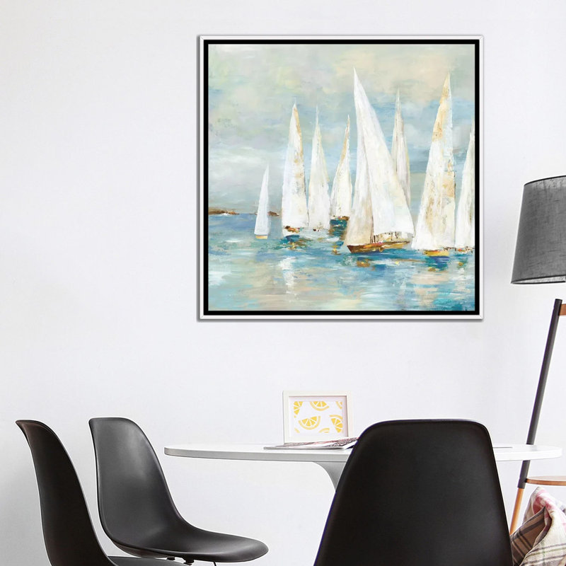 Voiliers blancs de Allison Pearce, reproduction d’art, H 37 po x l 37 po x P 1,5 po, Toile blanche encadrée, Pas de tapis