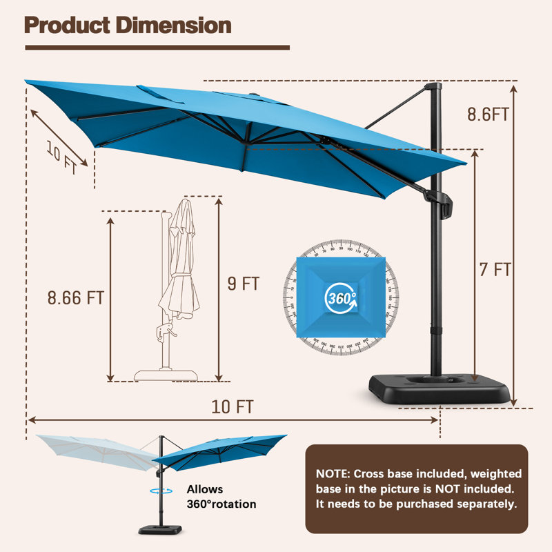 Grand parasol de patio en porte-à-faux 10 x 10 pi - mise à niveau et intensification - avec rotation à 360 ° et ajustement à 5 angles