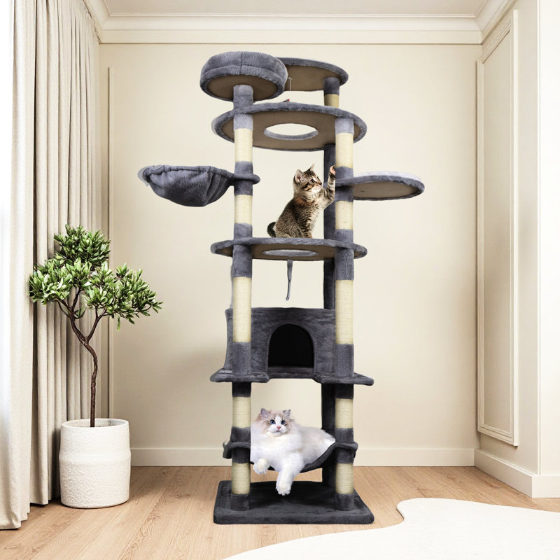 Arbre à chat 78 po en gris foncé avec base stable, poteaux à griffer multiples et grand espace pour chat, Gris foncé