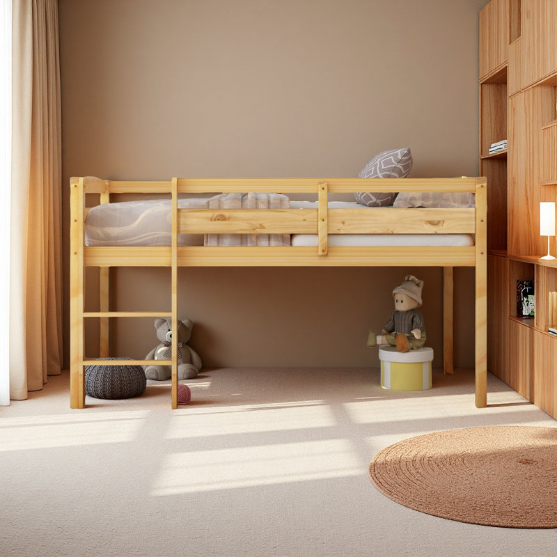 Lit simple mezzanine en bois Lit mezzanine bas avec échelle, lit simple, Noyer