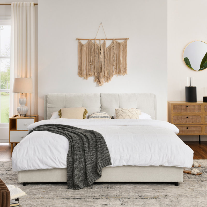 Très grand lit plateforme tapissier hydraulique avec tête de lit intégrée, tissu chenille, beige
